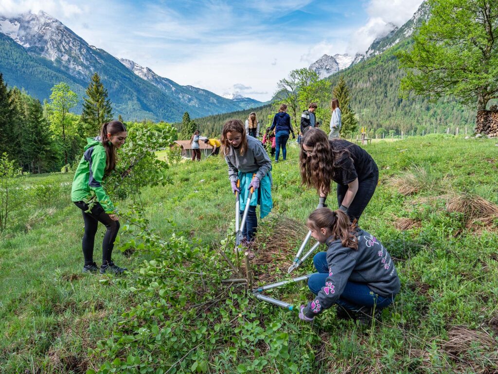 Schülerinnen beim Schwenden einer alpinen Almfläche