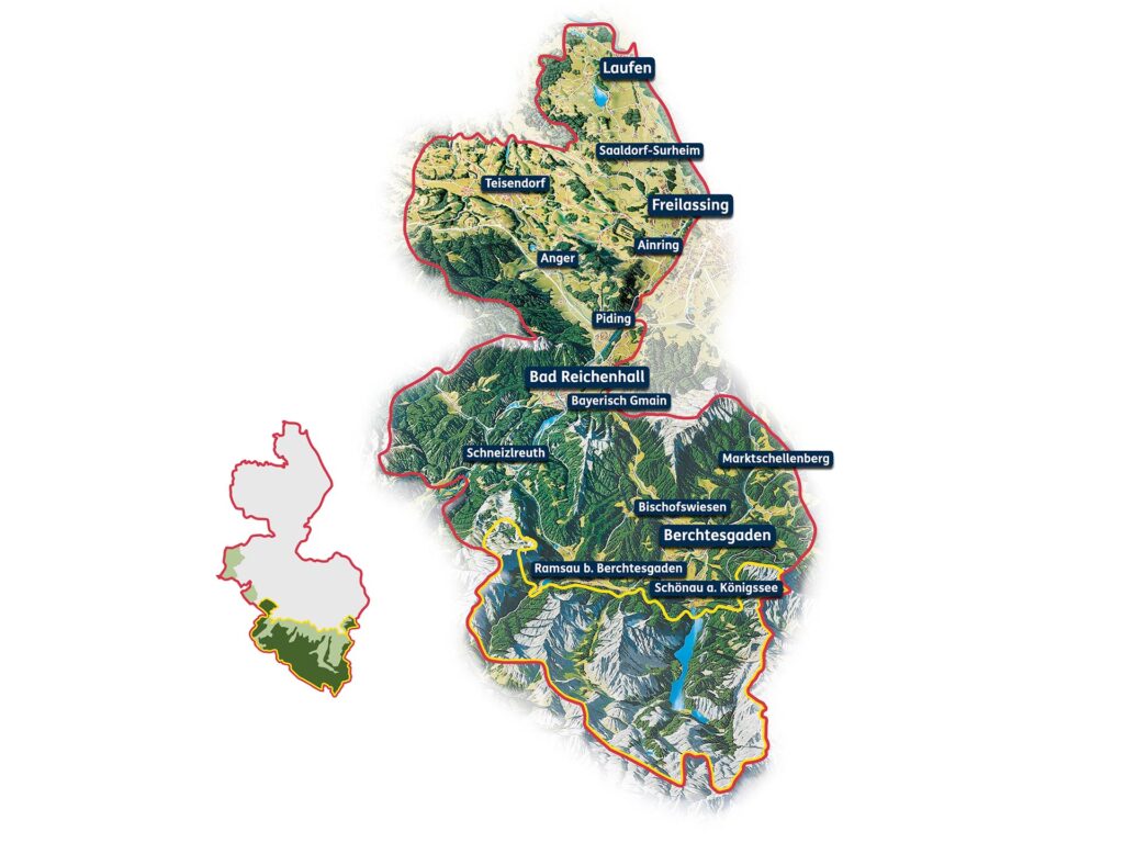 Karte mit der Zonierung der Biosphärenregion (Entwicklungszone im Norden, anschließend Pufferzone und Kernzone im Süden) sowie mit den Grenzen des Nationalpark Berchtesgaden und der Biosphärenregion. Zusätzlich verortet sind alle Gemeinden im Berchtesgadener Land.
