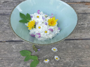 Schale mit selbst zubereitetem frischem Kräuterquark und Wildblumenblüten