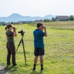 Biosphären-Rangerin und ehrenamtlicher Helfer suchen beim Kiebitzmonitoring mit Fernglas ein Feld ab