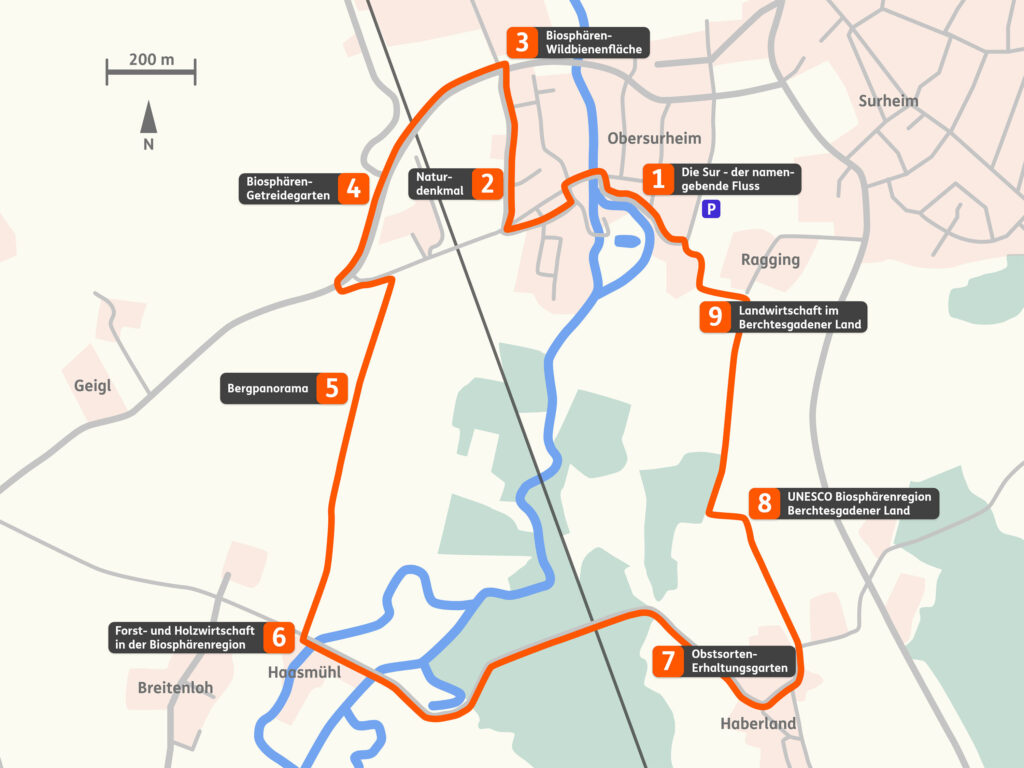 Karte mit Routenverlauf des Schatzbewahrer-Rundwegs und neun eingezeichneten Info-Stationen